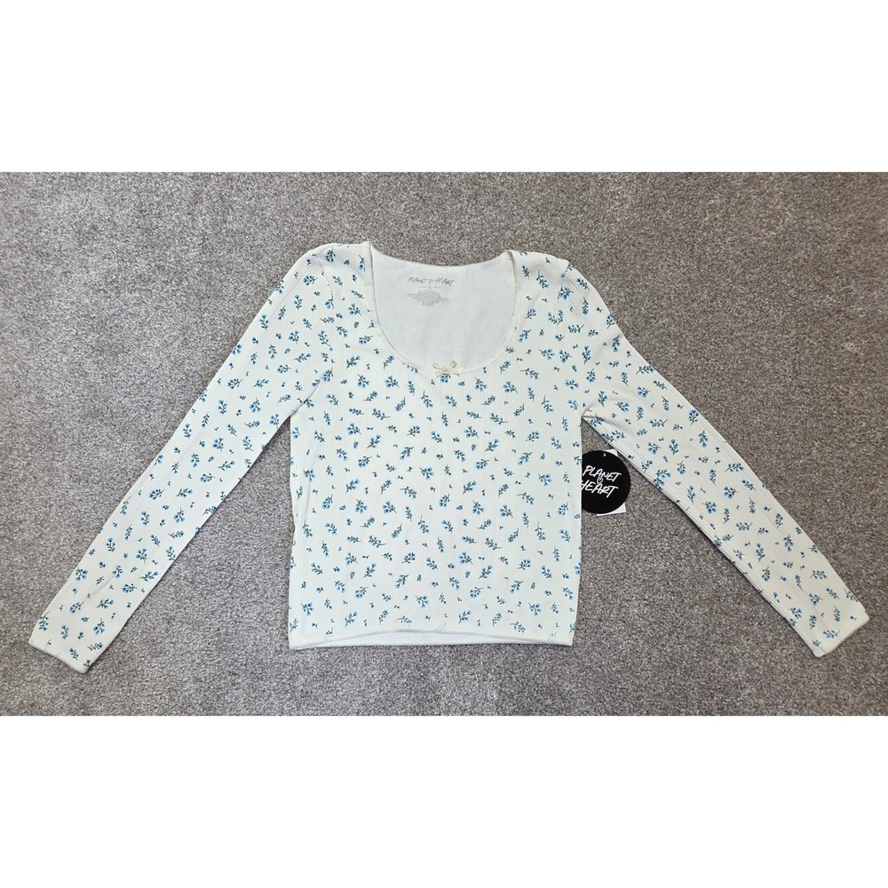 Planet Heart Womens Floral Ribbed Long Sleeve Top Blue Ditsy Bow Large NEW
392